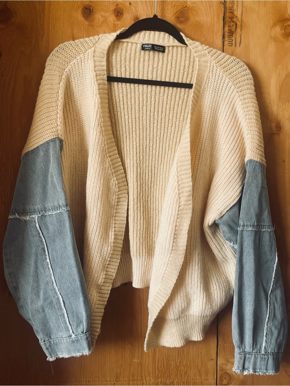 SHEIN Cream Knit Cardigan with Light Blue Denim Sleeves